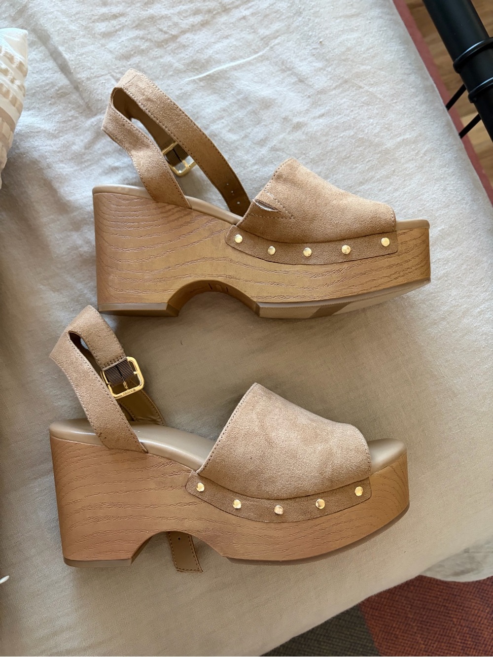 Old Navy Tan Suede Platform Clog Sandals with Gold Studs
